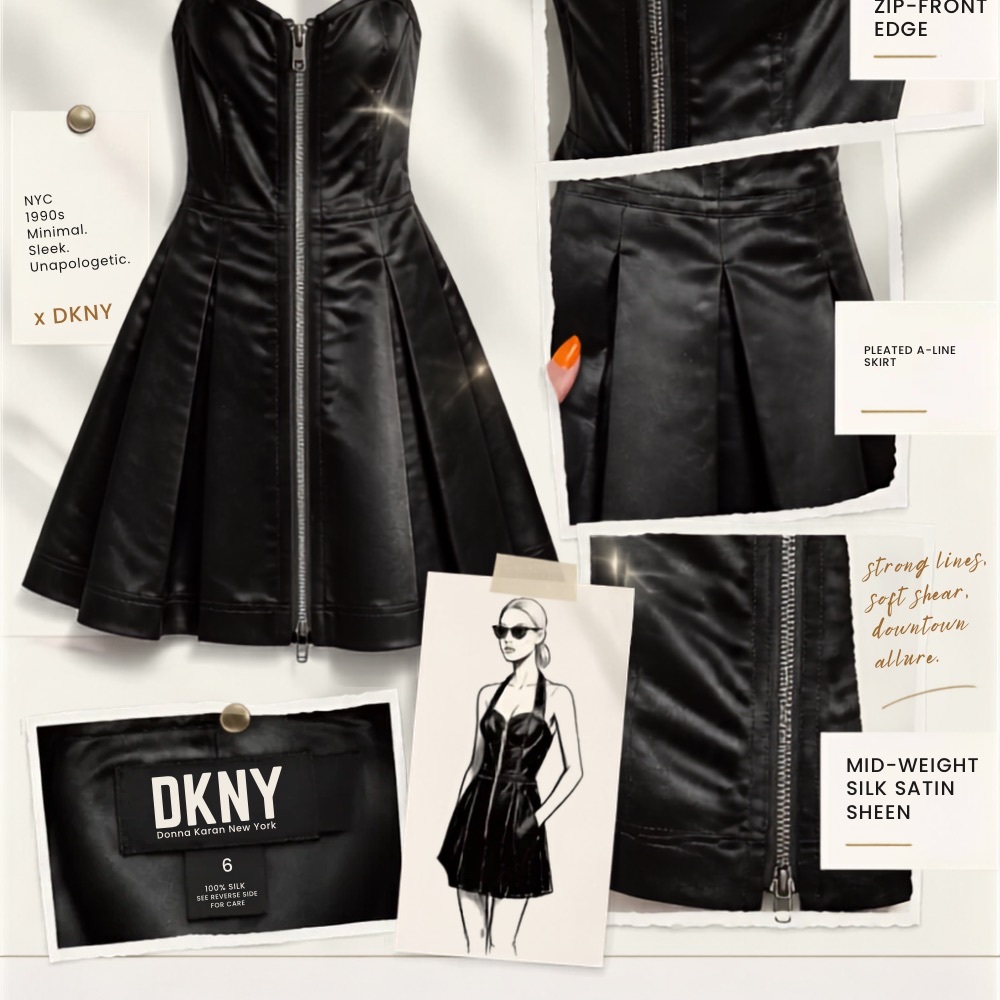 VINTAGE DKNY Black 100% Silk Zip-Front Corset Style Pleated A-Line Dress - Picture 1 of 7